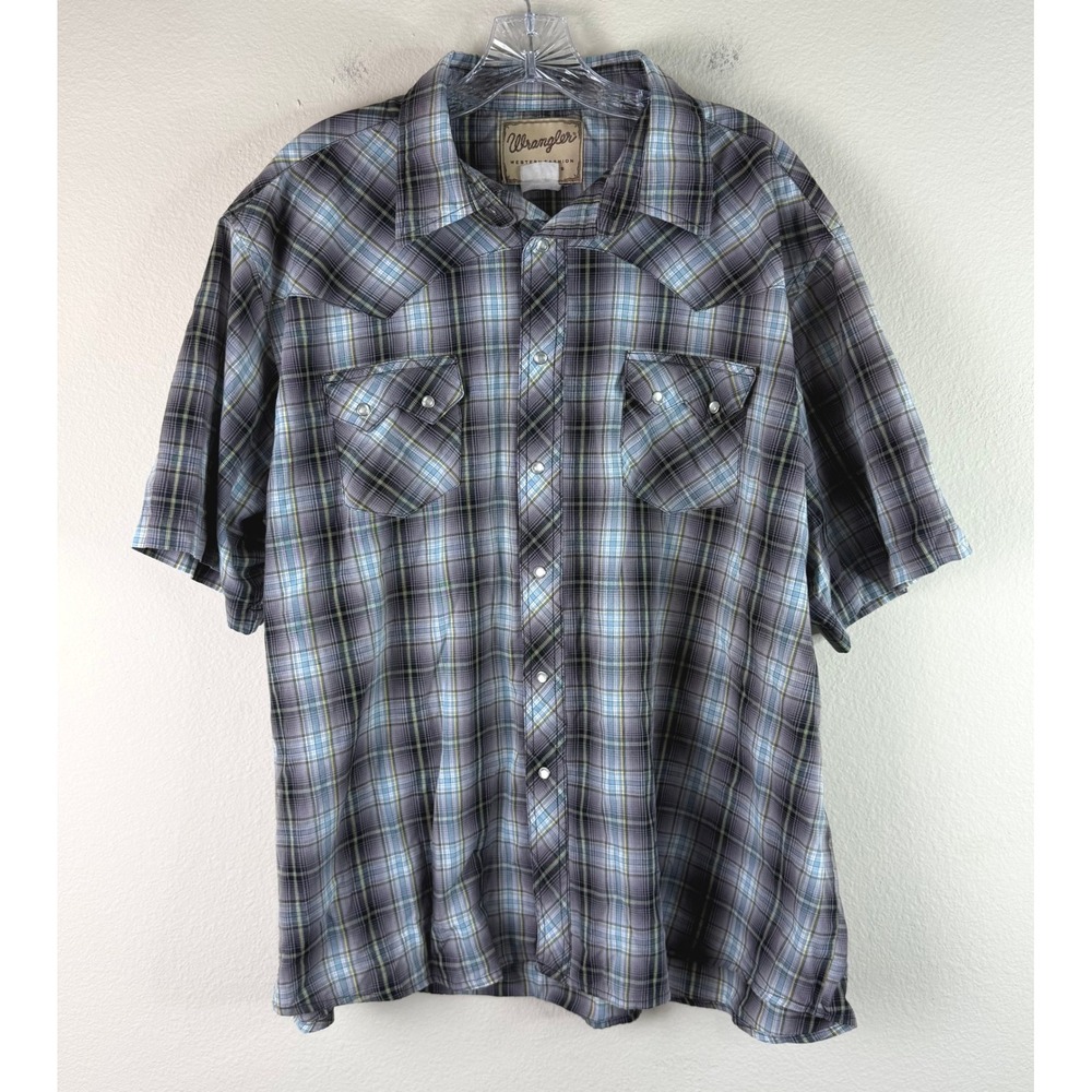 Wrangler Snap Shirt Mens XL Blue Grey Plaid Western Short Sleeve Pearl Snap
